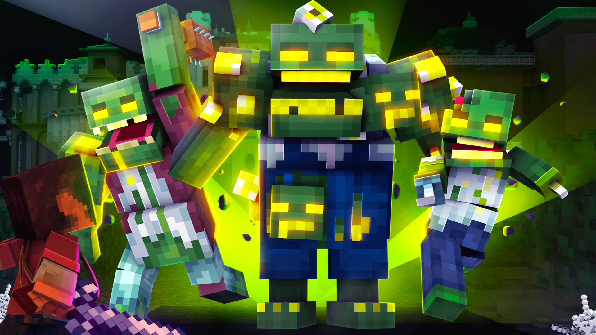 Keyart render of a minecraft marketplace product about Zombies.